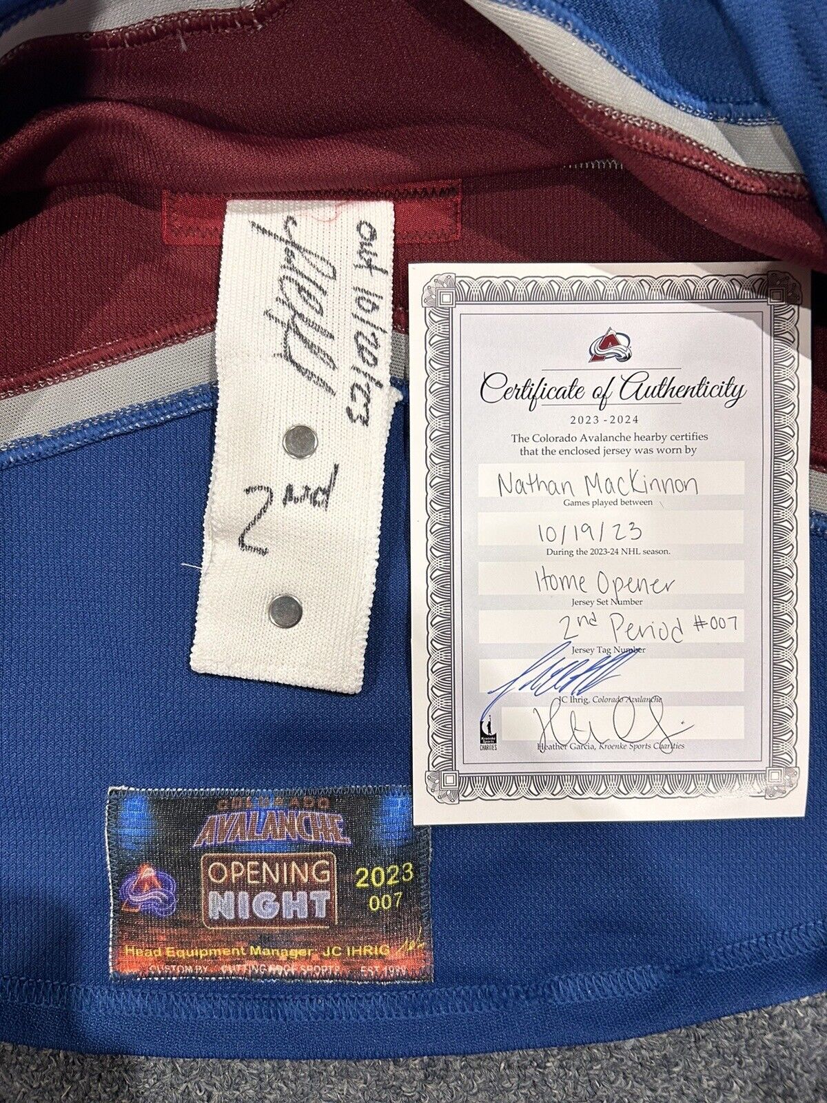 Nathan MacKinnon 2023/24 Opening Night Game Worn Jersey