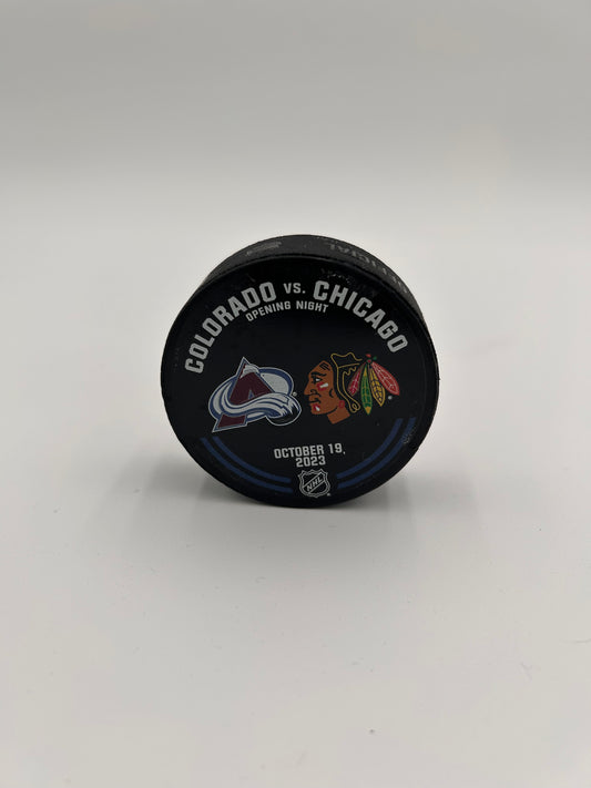 Colorado Avalanche 2023 Opening Night Used Puck (Chicago)