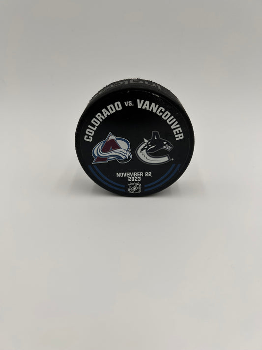 Colorado Avalanche Warm-Up Used Puck (Canucks)